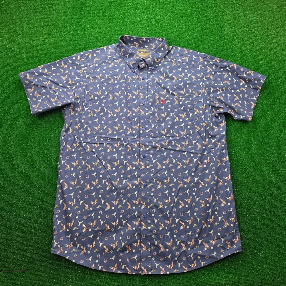 Ariat‎ Patriotic Cowboy Bull Print Shirt Mens XL Blue Fited Western Button Down